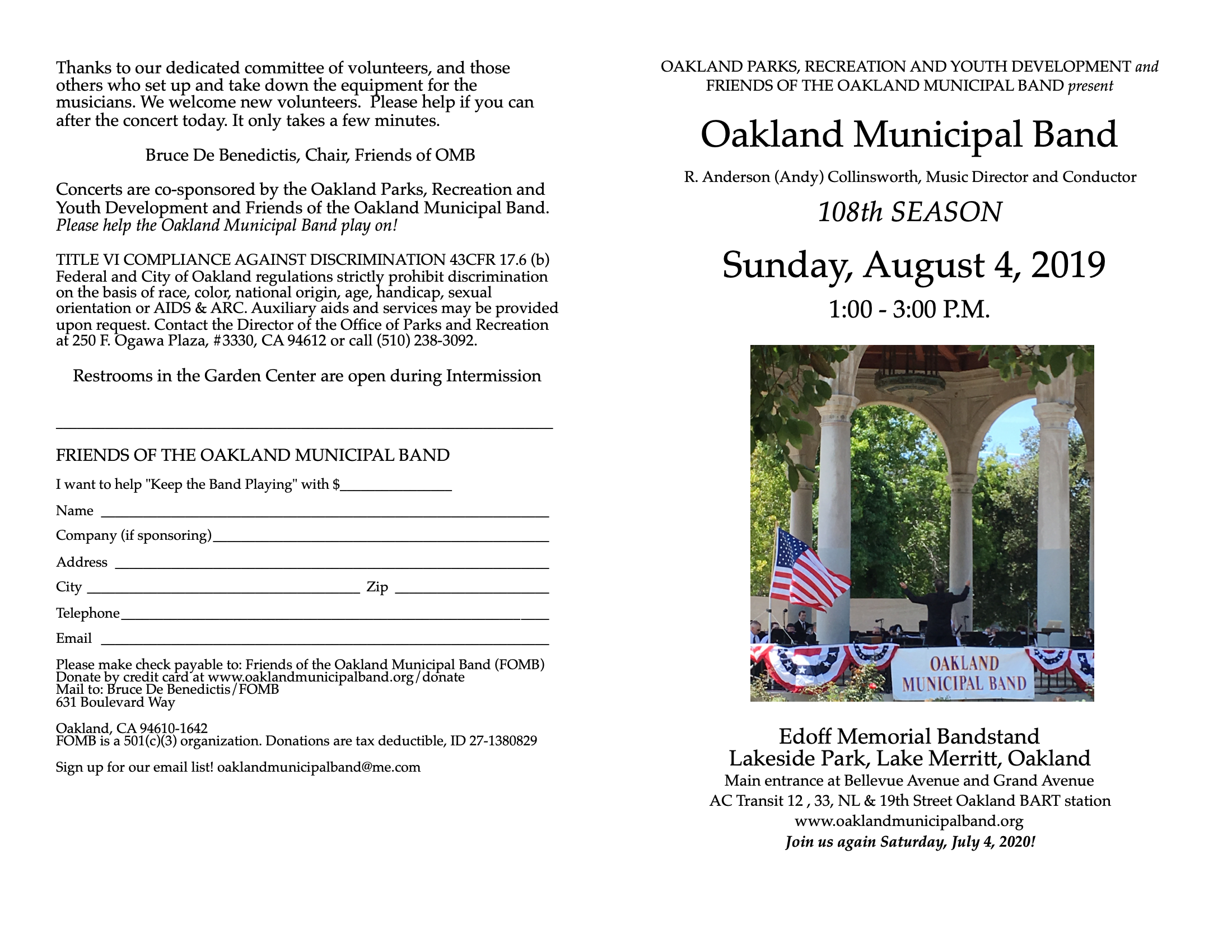 Next Concert Oakland Municipal Band